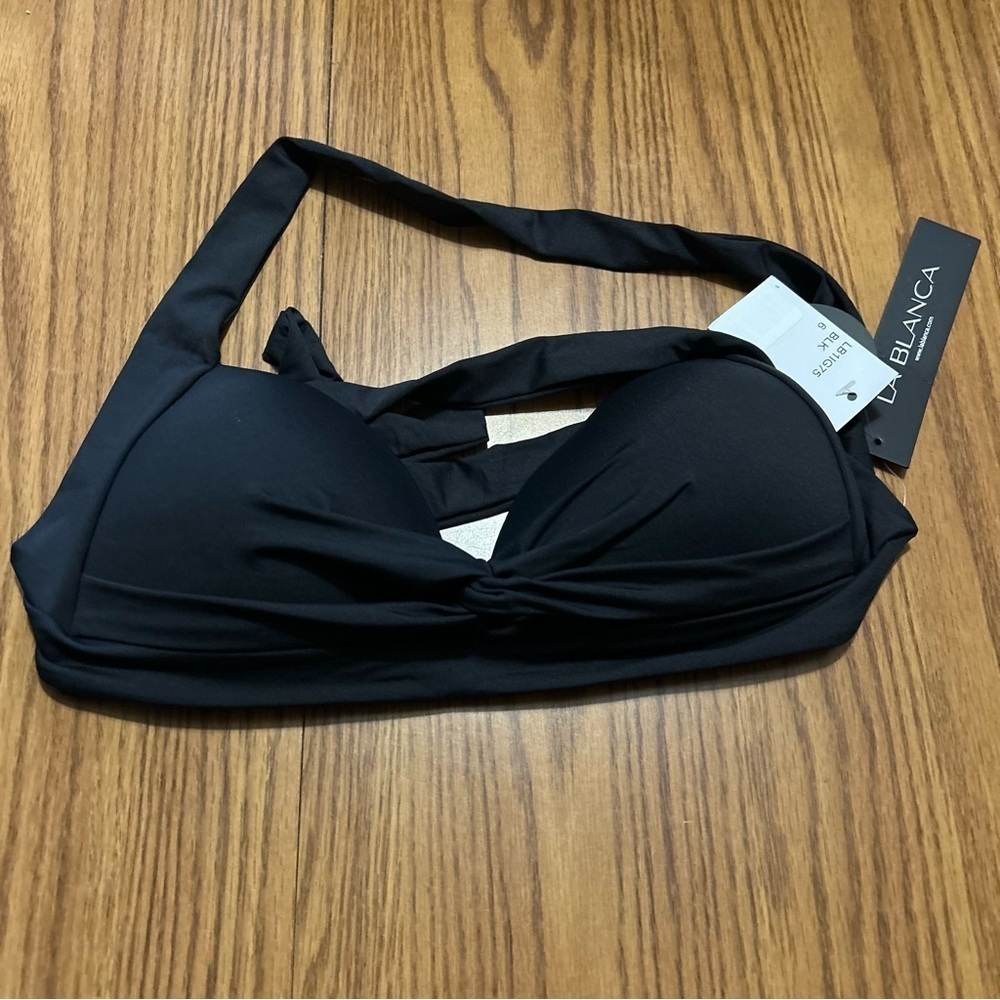 NWT La Blanca Island Goddess Twist Bandeau Top Black Swim Push Up Size 6